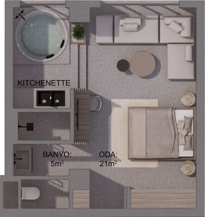 CITYLOFT 147 Jacuzzi Suite kat planı: 21 m² oda, jakuzi ve mini mutfak
