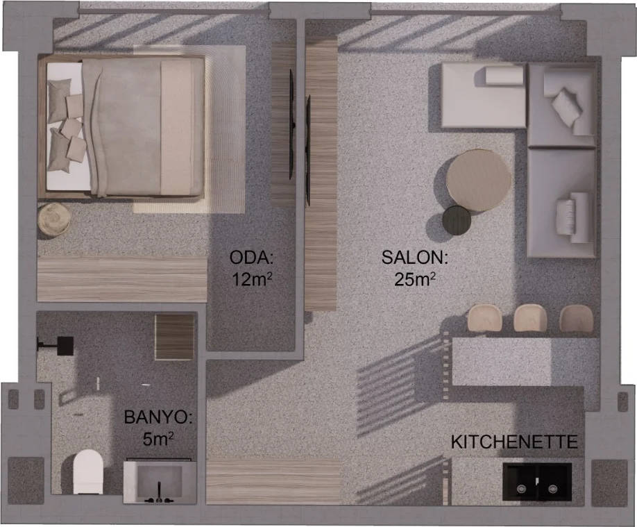 CITYLOFT 147 One Bedroom Suite kat planı: 12 m² yatak odası, 25 m² salon ve mini mutfak