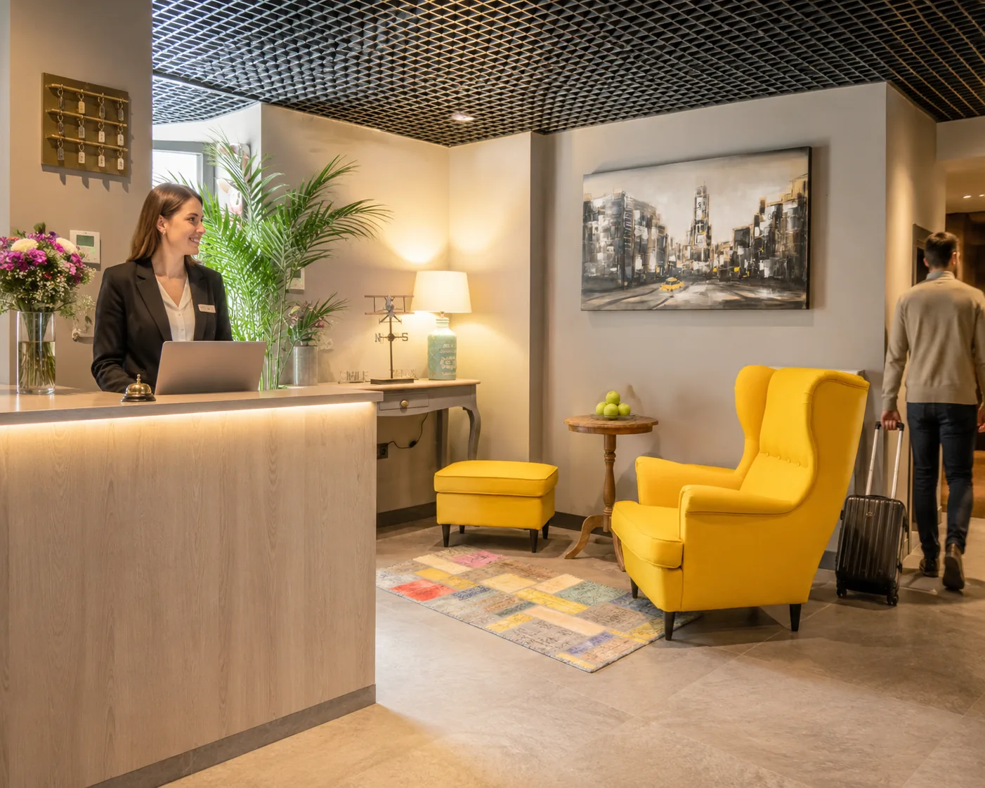 CITYLOFT resepsiyonu ve sarı berjerli oturma köşesi