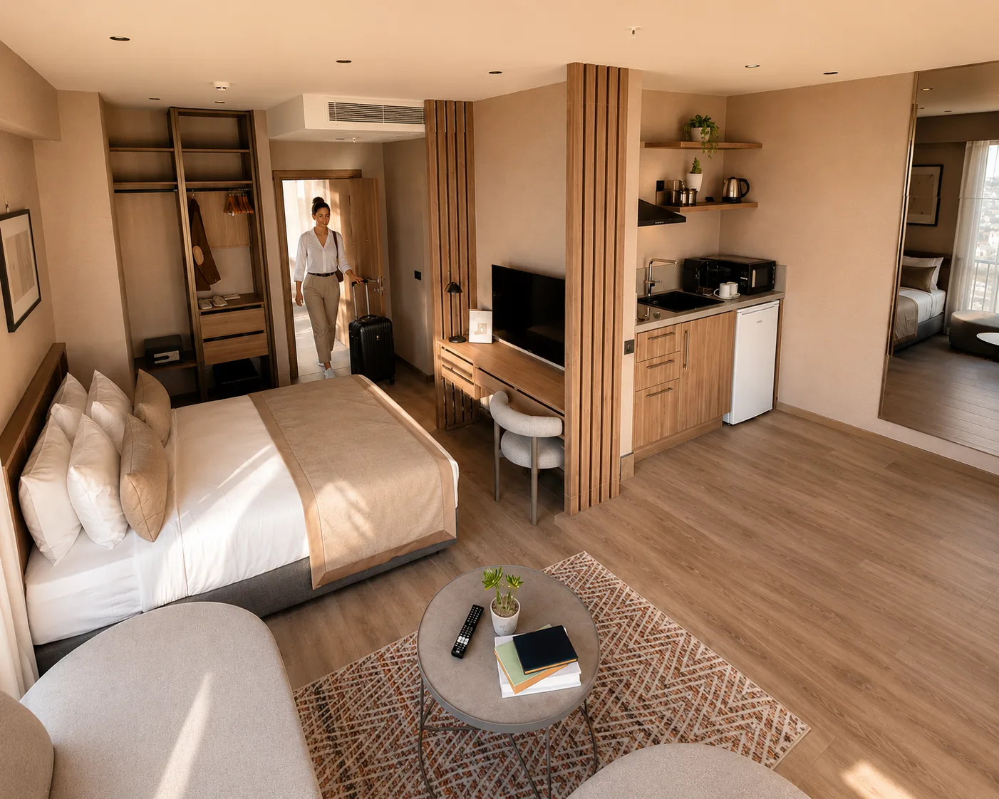 Yatak, mini mutfak ve oturma alanıyla CITYLOFT odası
