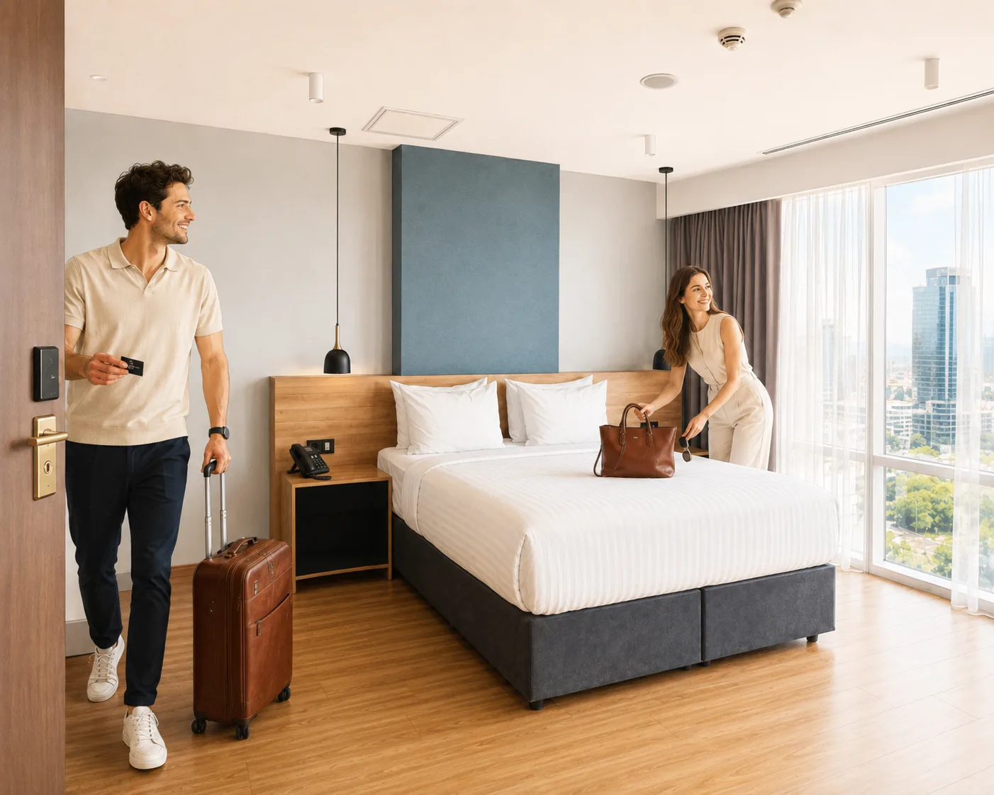 Valizleriyle otel odasına giren çift