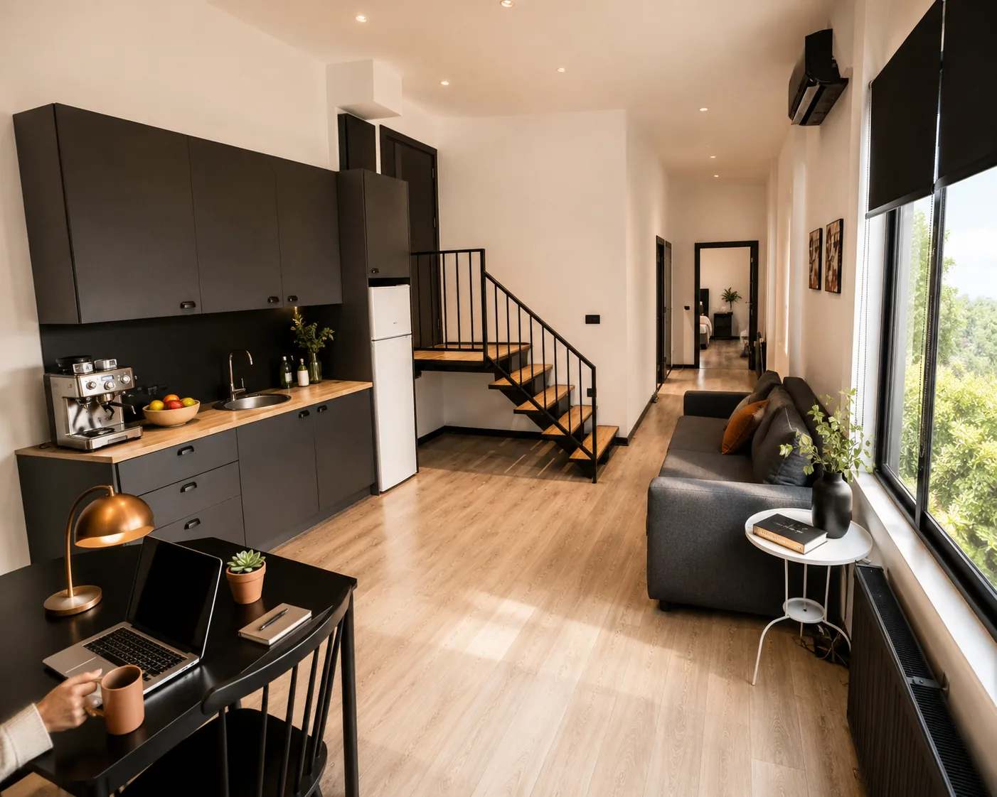 Mutfak, merdiven ve oturma alanı bulunan çift katlı CITYLOFT evi